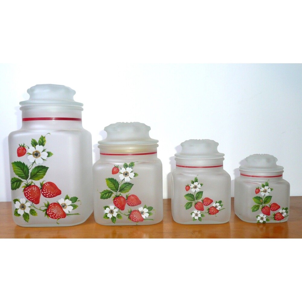 Vintage Anchor Hocking Strawberry Canister Set, 4 Piece Frosted/Satin Glass